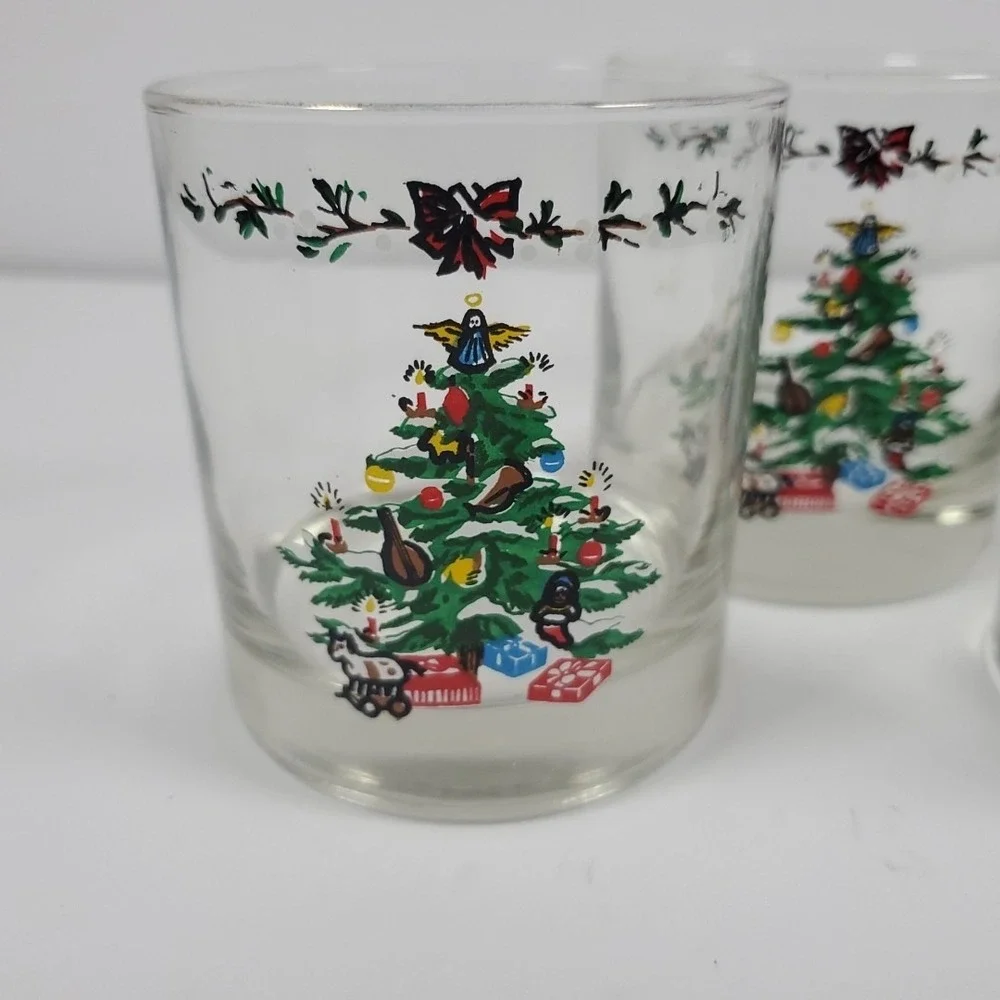 Vintage Libbey Christmas Tree Cocktail Lowball Tumblers Glasses Set Of Four